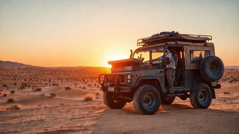 Un mecánico reparaba un vehículo todoterreno en el desierto