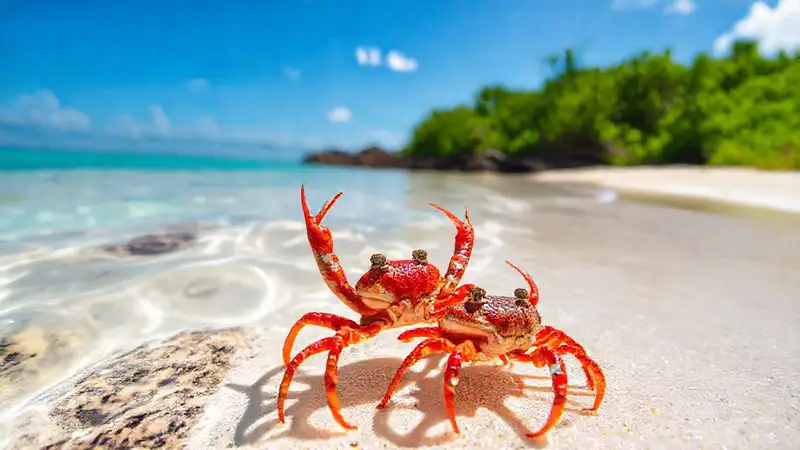 Crabs vibrantes en playa tropical