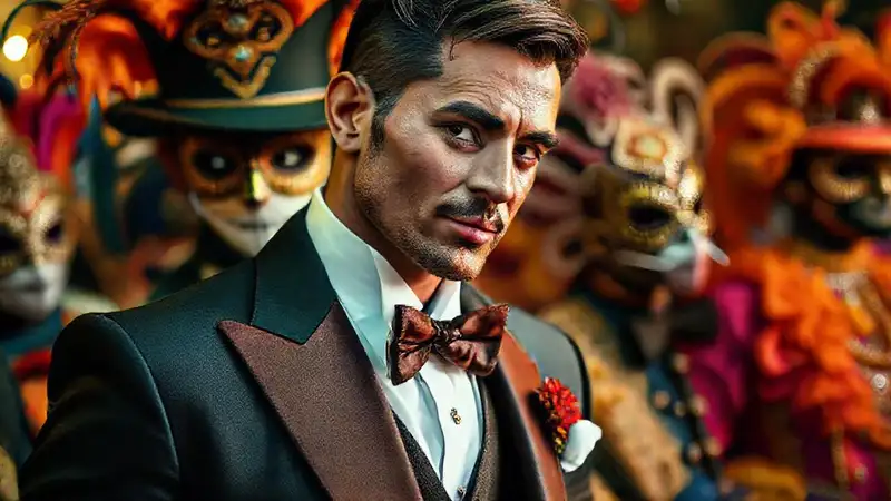 Un hombre elegante celebra en carnaval