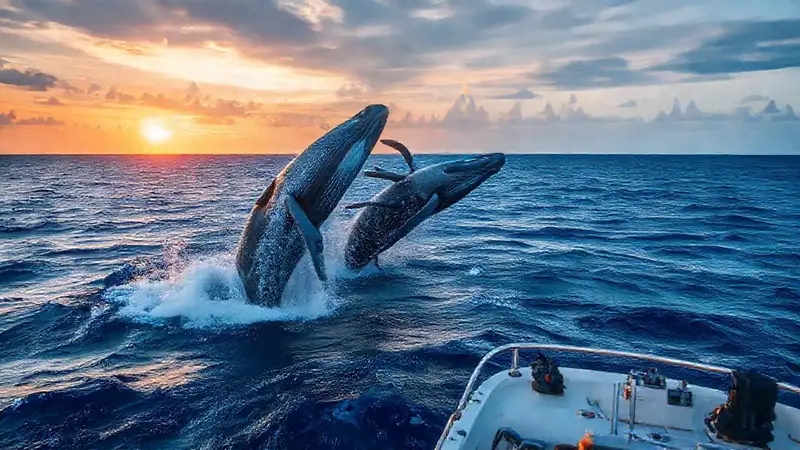 Ballenas jorobadas observan éticamente el atardecer