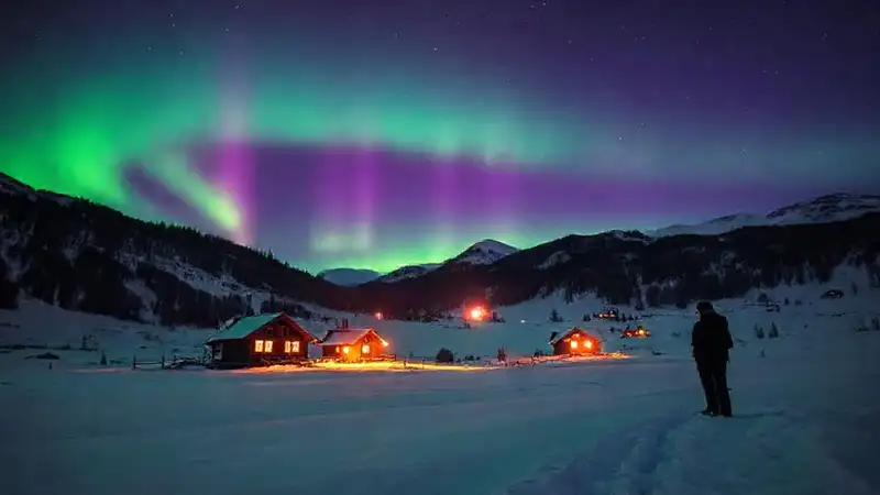 Paisaje invernal, luces cálidas y aurora