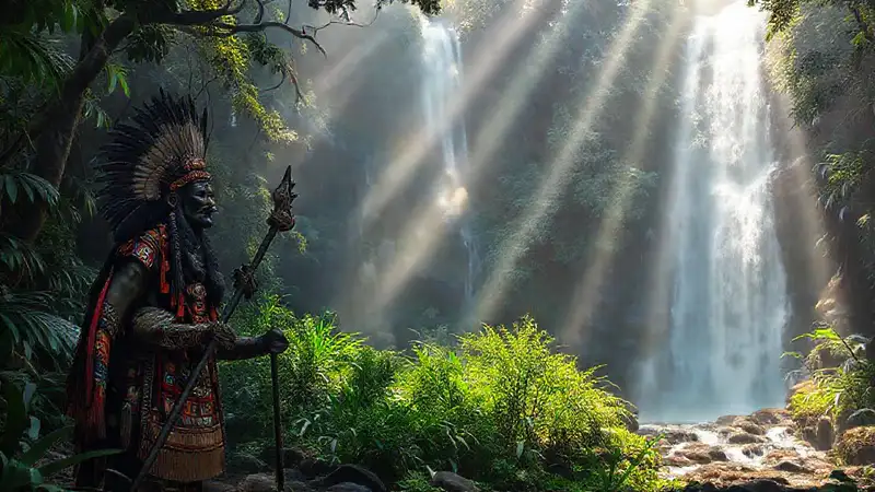 El chamán ritualiza en selva sagrada