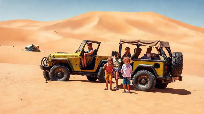 Una familia explora el desierto alegremente