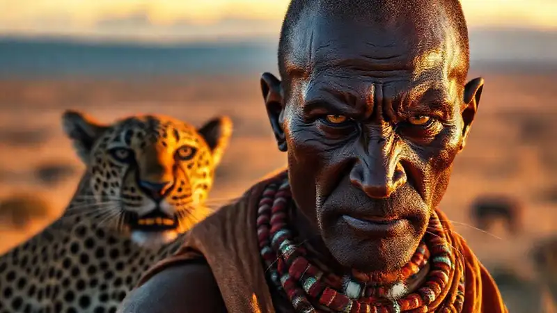 Guerrero Maasai caza un leopardo en la sabana