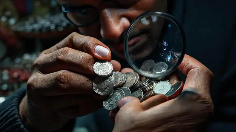 Mercader examina monedas falsas con sospecha