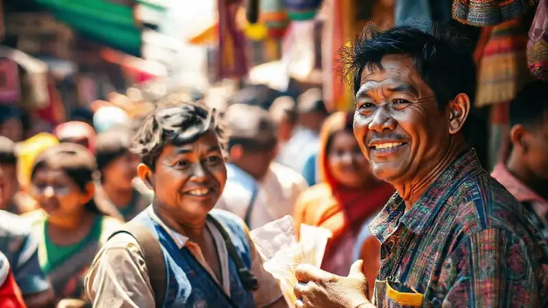 Mercado indonesio vibrante, cálido y bullicioso