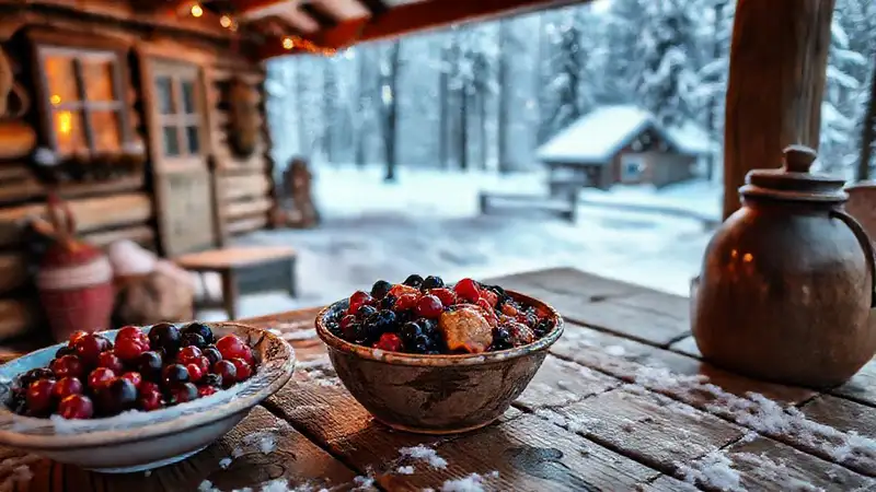 Cottage finlandesa, comida y luz cálida