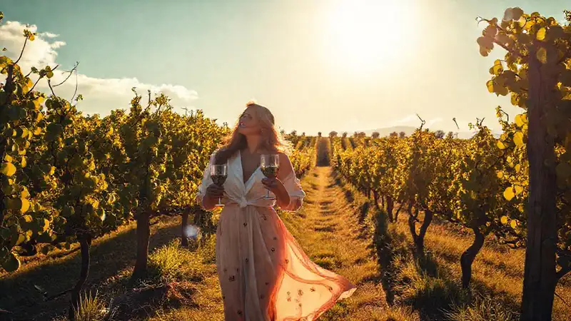 Pareja elegante disfruta vino en viña