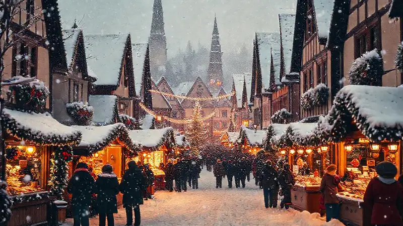 Un pueblo nevado celebra la Navidad