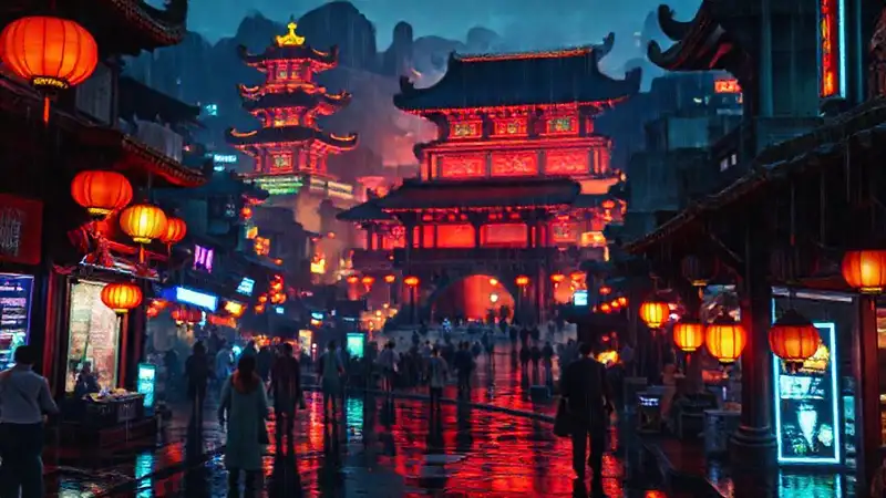 Ciudad futurista y templos antiguos brillan