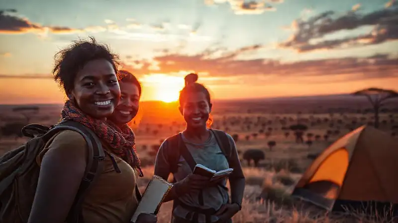 Voluntarios felices exploran la sabana africana
