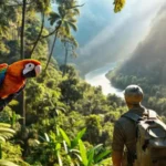 Un mochilero explora selva exuberante en Sudamérica