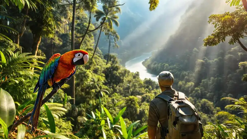 Un mochilero explora selva exuberante en Sudamérica