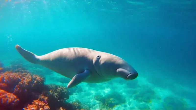 Dugong tranquilo en arrecife tropical
