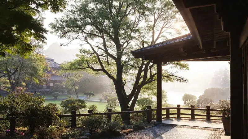 Un ryokan japonés tranquilo ofrece vistas hermosas