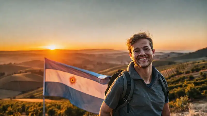 Un mochilero sonríe en un atardecer argentino