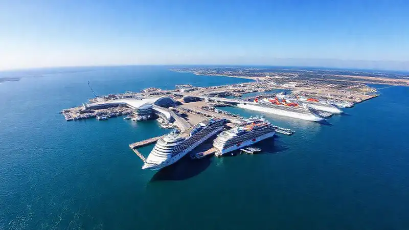 Puertos marítimos y aeropuertos modernos en día soleado