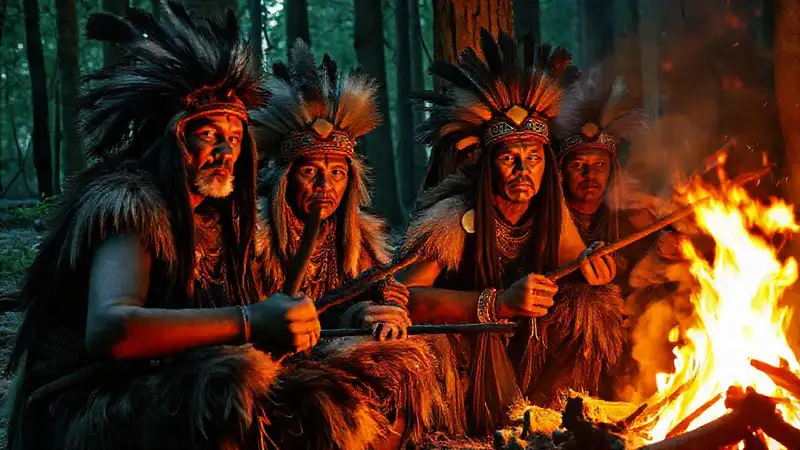 Cazador tribal en ritual de fuego