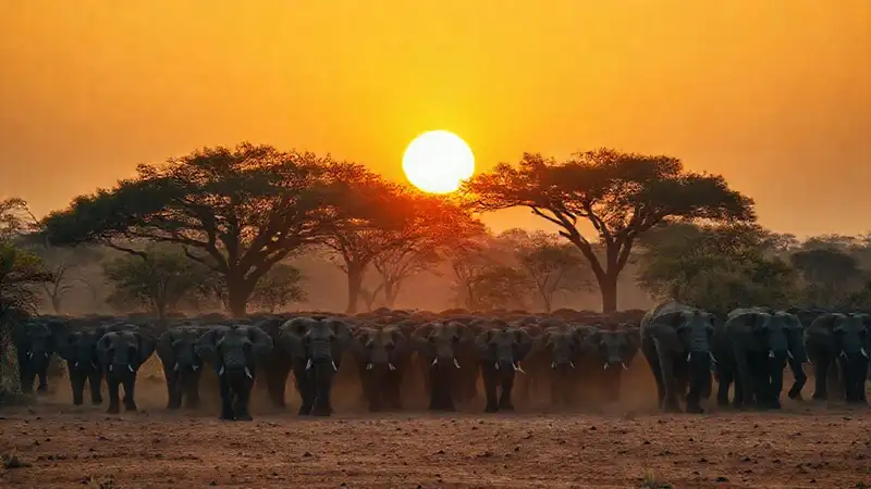 Elefantes africanos se ocultan al atardecer