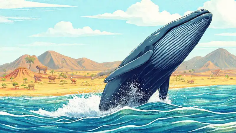Guía educativa ilustra ballenas en paisajes tropicales
