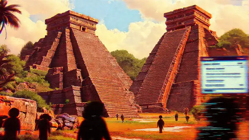 Ruinas aztecas digitales, inquietante y distorsionadas