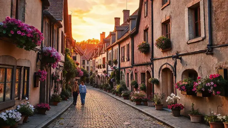 Un pueblo europeo romántico se ilumina