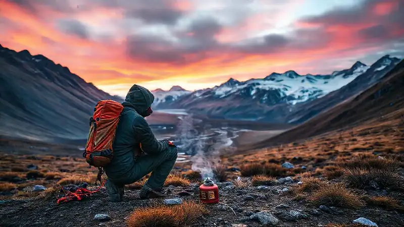 Un excursionista patagónico cocina en paisaje épico