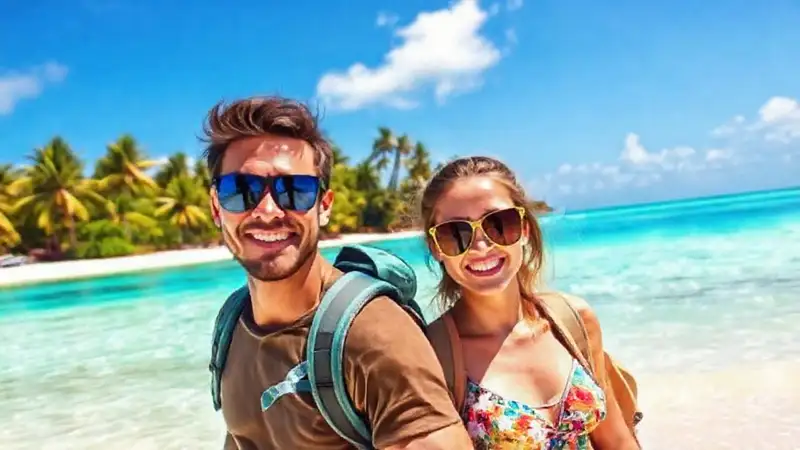 Vacaciones tropicales felices y soleadas